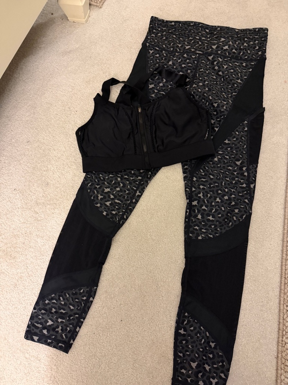 Black Sports Bra and Leopard Print Leggings Set